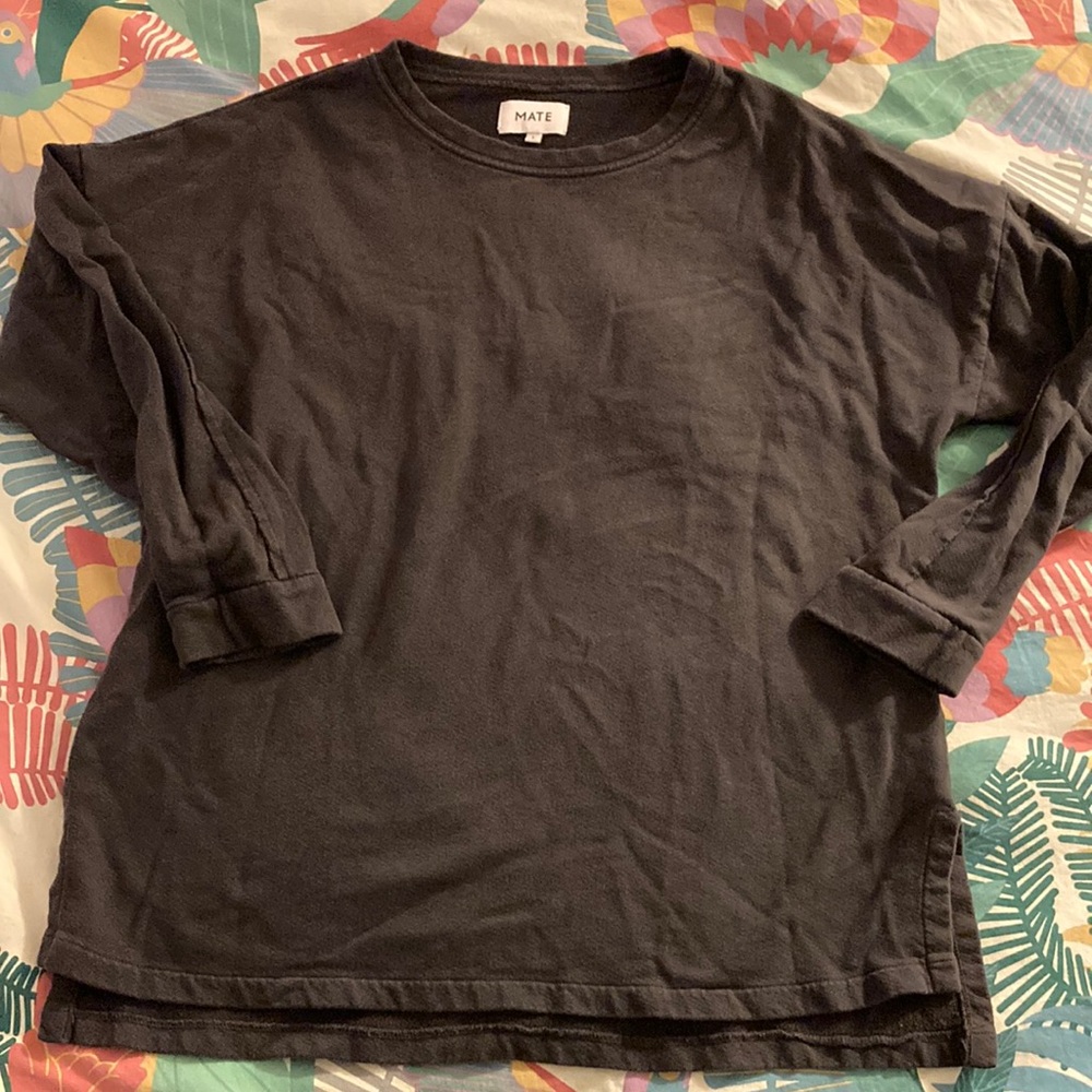 MATE THE LABEL TREVOR TUNIC SWEATSHIRT L VINTAGE BLACK GRAY ETHICAL COTTON TOP